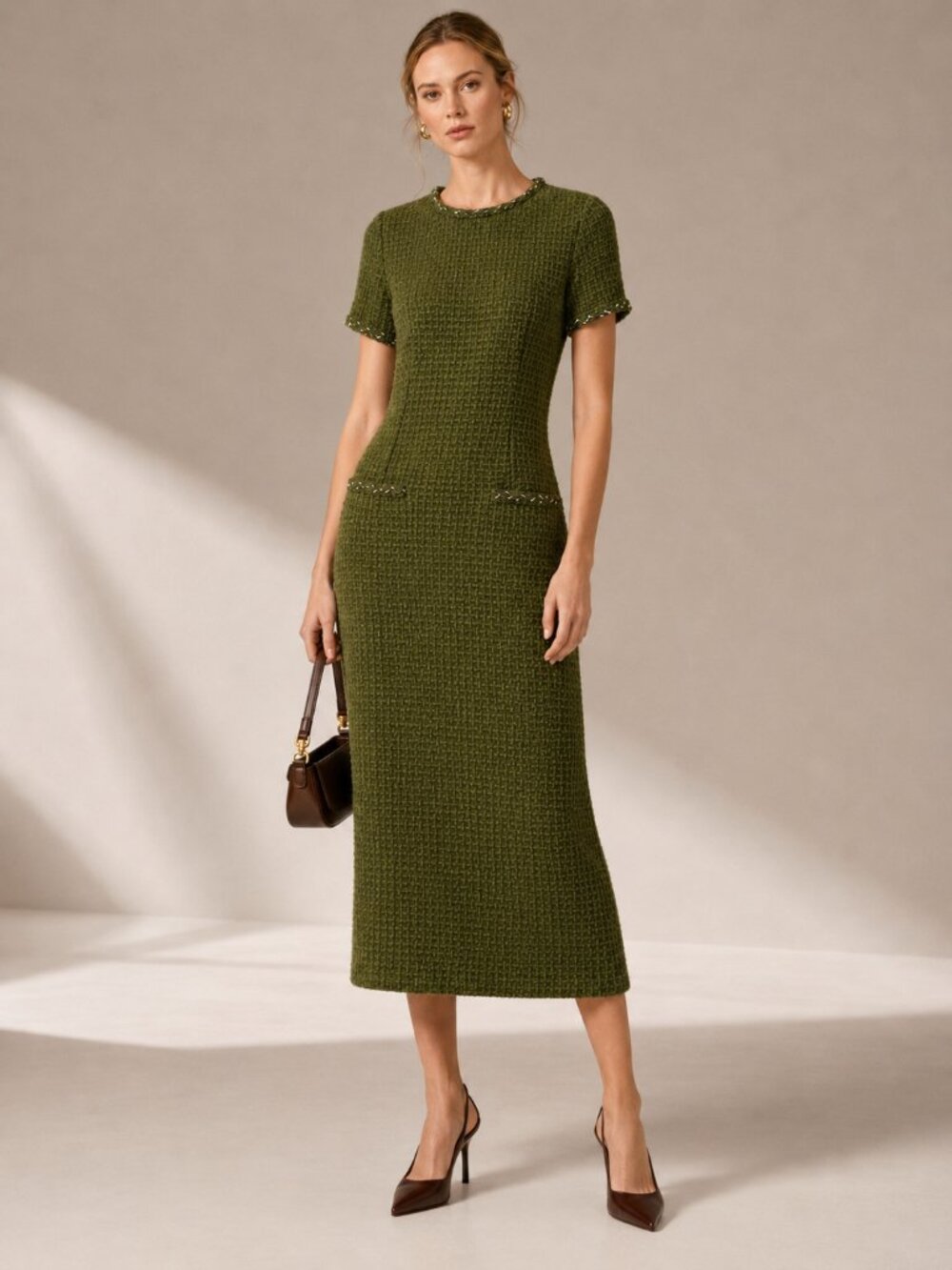 Olive Green Tweed Midi Sheath Dress Career Luxury Lady Jacket Chic NEW NWT